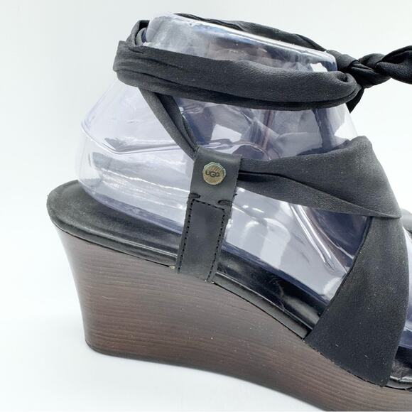 UGG Sedona Black Tie Strap Wedge Heel Sandals Genuine Leather Size 8 Summer Boho - Picture 3 of 16